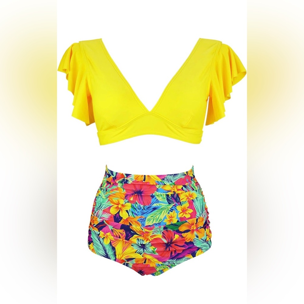 Bright Yellow Flutter-Sleeve Bikini Top with Tropical High-Waist Bottoms